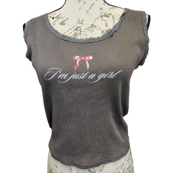 Obsessive Love Tops - Womens Y2K Ribbed Lace Trim Graphic Tank Top‎ "Im Just a Girl" XL Retro No Doubt